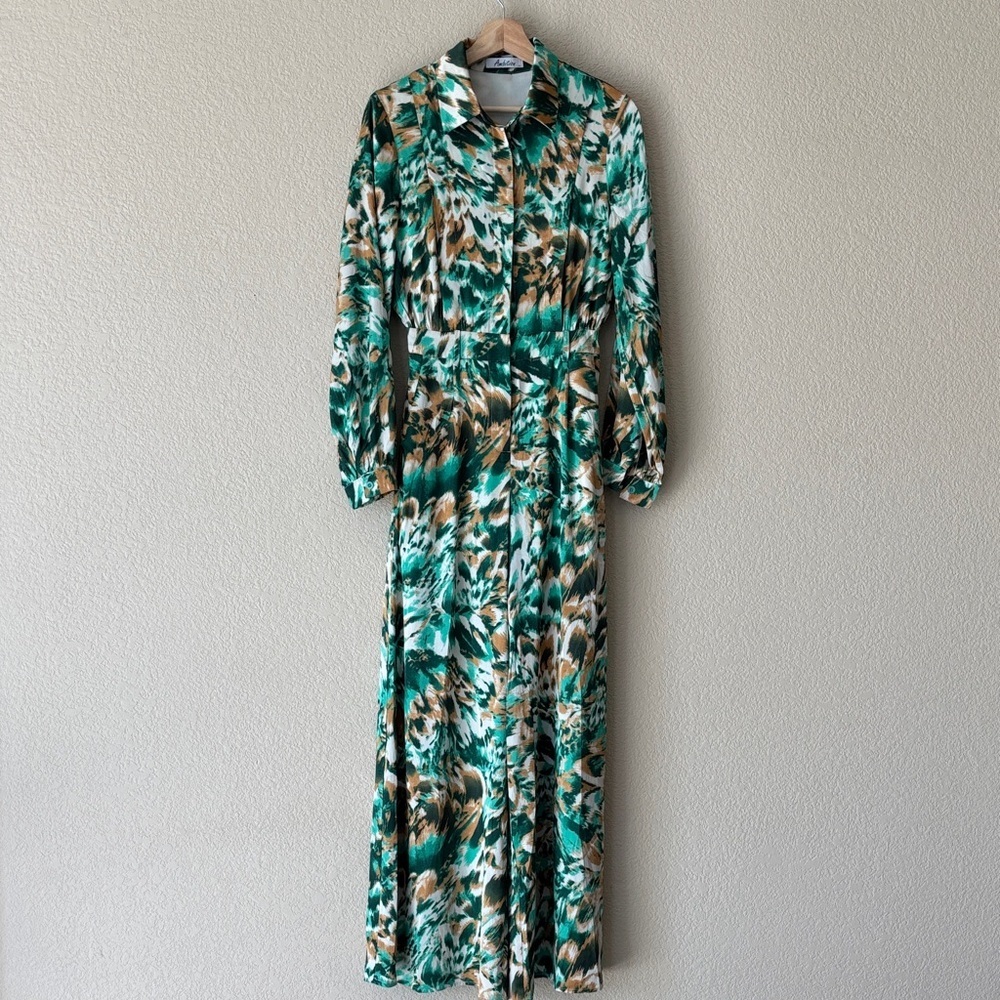 Ambition Green Patterned Long Sleeve Wide Leg Jumpsuit - Picture 2 of 6